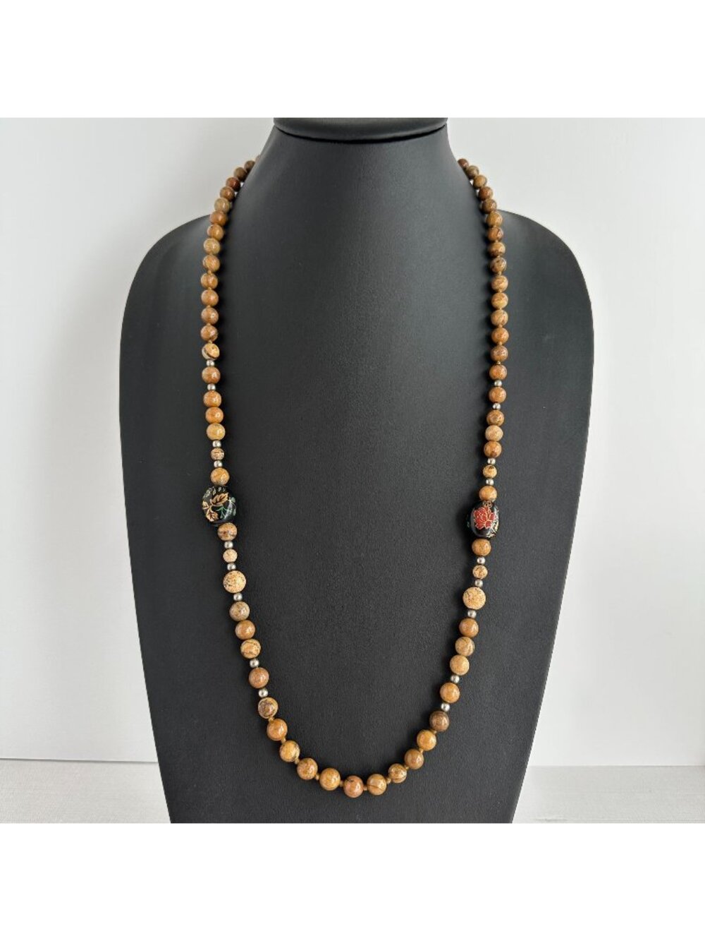 Picture Jasper Beaded Necklace Hand Painted Black Glass Focal Beads 32" Vintage